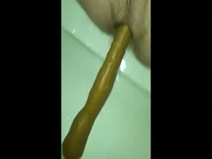 Long, foul feces emerges out a bitch's asshole.